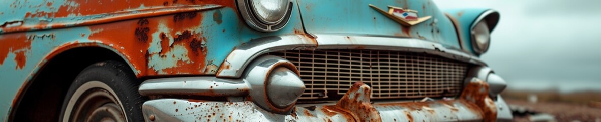 Abandoned Rusty Car in Desolate Landscape banner background