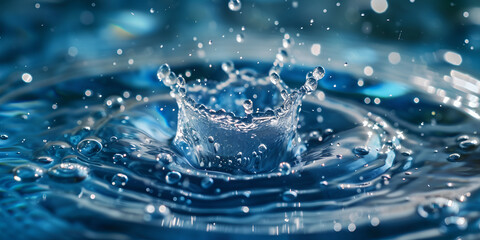 Blue aqua splash: drop of liquid lands on a surface hotter than boiling point,bottom layer of the drop vaporizes instantly, water droplet on lake suface, be tranparent like water making decisions to w