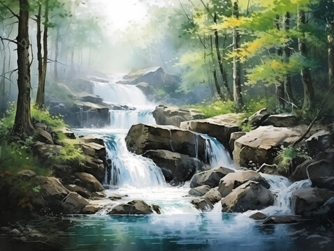 Watercolor painting of a waterfall landscape in a deep forest with lush green trees. Create freshness for visitors. Travel, relax, holiday, vacation.
