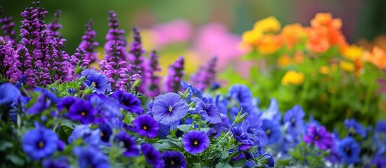 Obraz premium Blue and Purple Blooming Garden Flowers: A Colorful Display of Blue, Purple, Garden, Flower Elegance.