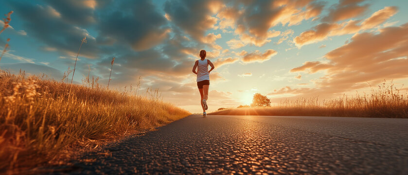 Inspirational Sunset Run: Woman Jogging Down a Country Road Amidst Golden Fields
