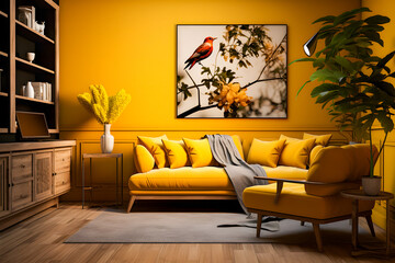 Mockup living room interior with yellow sofa on empty wall background.3d rendering