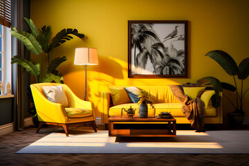 Mockup living room interior with yellow sofa on empty wall background.3d rendering