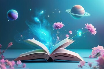 Obraz na płótnie Canvas open book with growing out of it flowers and space clouds pastel colors under lake.Ai generative