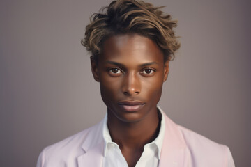 Confident young African male with stylish hair and serious expression posing in a casual black shirt on white studio background