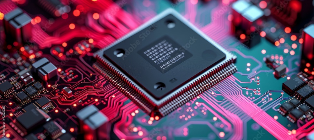 Poster microchip on motherboard. generative ai technology.