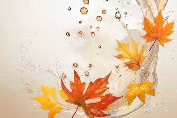 border of orange leaves on a branch with water background Cosmetic background clear water surface