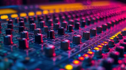 Fototapeta premium colorful music audio mixing board in closeup of a recording, audio track background in a dark recording, industrial machinery aesthetics, multimedia, selective focus, brightly colored