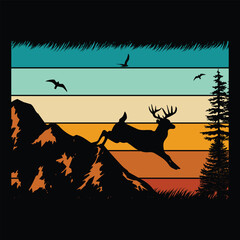 Fototapeta premium Mountain Deer Hunting Retro Sunset Design for T-Shirt, Banner, Poster, Banner, Hoodie