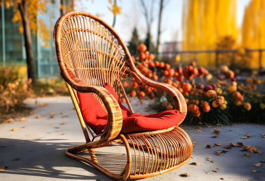 Comfortable rattan armchair with pillows and green plants on windowsill. furniture interior design concept