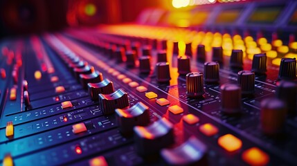 colorful music audio mixing board in closeup of a recording, audio track background in a dark recording,  industrial machinery aesthetics, multimedia, selective focus, brightly colored - obrazy, fototapety, plakaty