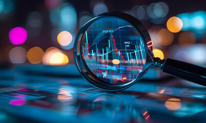 Analyzing business data with graphs and charts for finance management and investment research. A magnifying glass hovers over financial diagrams, symbolizing monitoring and analysis.