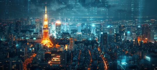 Night metropolis city skyline background. Generative AI technology.
