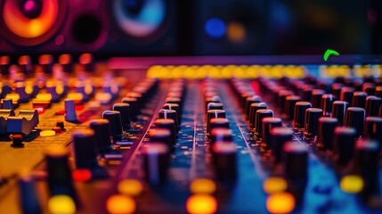 Fototapeta premium colorful music audio mixing board in closeup of a recording, audio track background in a dark recording, industrial machinery aesthetics, multimedia, selective focus, brightly colored