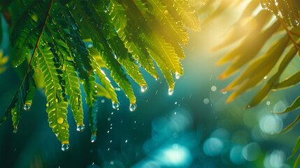 Glistening water droplets hang like jewels on the edge of a majestic fern, revealing the intricate...