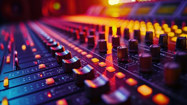 colorful music audio mixing board in closeup of a recording, audio track background in a dark recording,  industrial machinery aesthetics, multimedia, selective focus, brightly colored