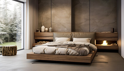 Interior of modern master bedroom with white walls, wooden floor, comfortable king size bed. 3d rendering