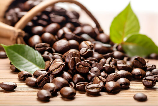 Fresh roasted coffee beans with fresh leaves on wooden table isolated on white background