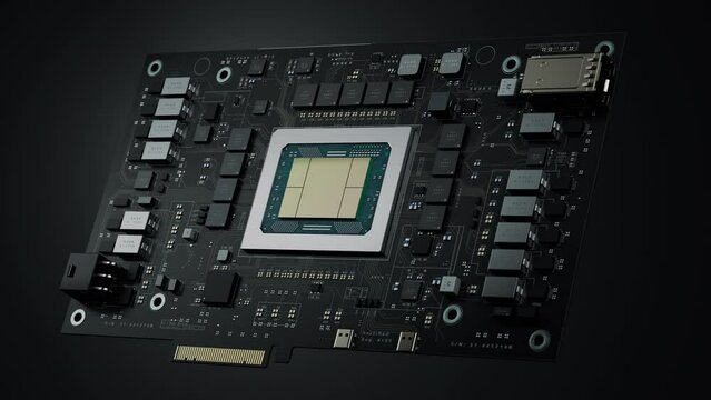 Next-generation Artificial Intelligence Acceleration Card for Data Centers and Supercomputers. Isolated Generic Black Circuit Board with Advanced AI Microchip on it. 3D Animation