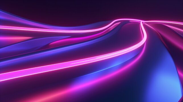 Neon lighting lines and waves in purple and blue  background. Colorful glowing energy  flow swirls background. Generative AI.