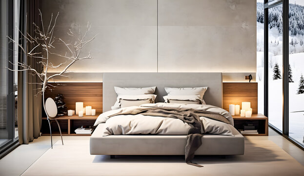 Interior of modern master bedroom with white walls, wooden floor, comfortable king size bed. 3d rendering