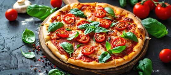 Fototapeta na wymiar Fresh homemade pizza with authentic recipe, healthy organic toppings.