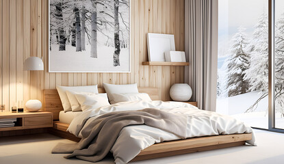 Interior of modern master bedroom with white walls, wooden floor, comfortable king size bed. 3d rendering