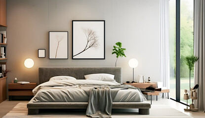 Interior of modern master bedroom with white walls, wooden floor, comfortable king size bed. 3d rendering