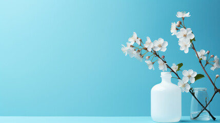 Blooming Flora: White Spring Flowers on Blue Background, a Fresh Floral Arrangement in Glass Vase on Table with Soft Pink Petals, a Celebration of Nature's Beauty and Organic Design.
