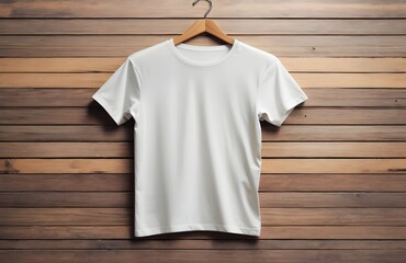 white t-shirt mock-up hanging on wooden background, t-shirt mock-up 