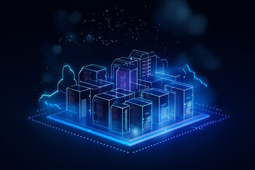 Storage Clouds. Access protection, data security, internet server work concept. Low poly, wireframe digital 3d illustration. Abstract polygonal image on blue neon background