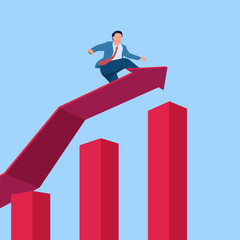 a man climbs a graphic chart that continues to climb upwards, a metaphor for a growing business. Simple flat conceptual illustration. bankrupt
