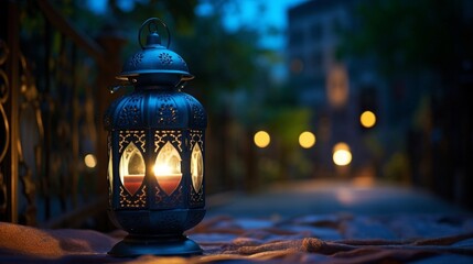an elegant lantern bathes the surroundings in a warm ramadan night - obrazy, fototapety, plakaty