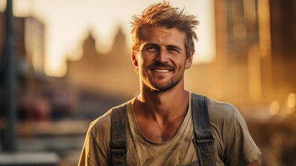 Joyful craftsman: A friendly and handsome young builder with a smile - obrazy, fototapety, plakaty
