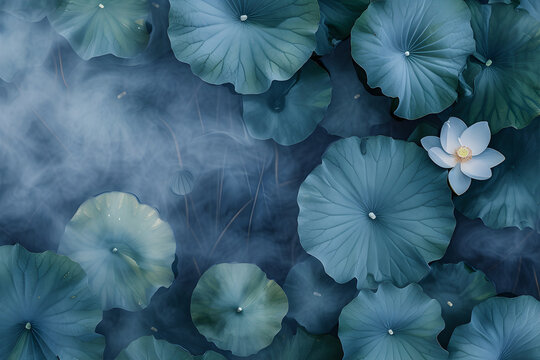 Nymphaea flowers on the water surface in a fog. Top view. 