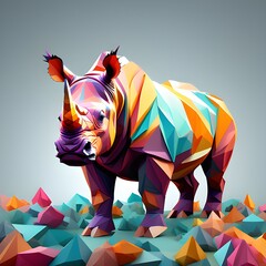 Majestic rhinoceros in multicolored geometric shapes. Unique strength and intricacy blend. 