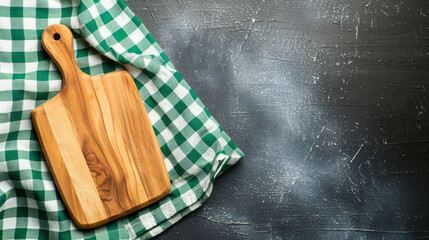 Cutting board on green checkered tablecloth