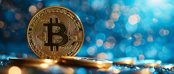 Golden Bitcoin on blue background