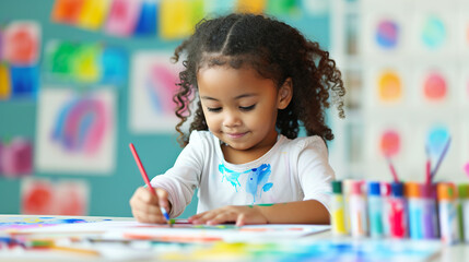 Cute Black kindergarten age girl sitting at the table in a room drawing painting. Arts education fun activities
