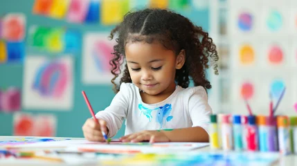 Fotobehang Cute Black kindergarten age girl sitting at the table in a room drawing painting. Arts education fun activities © olindana