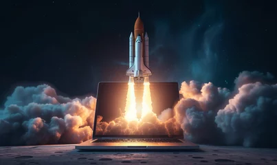 Foto op Plexiglas Rocket Launching from Laptop - Symbolizing Business Growth, Start-Up Success, and Innovative Technology Concepts © augenperspektive