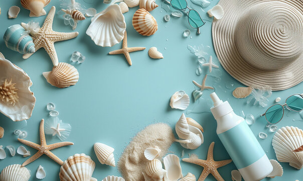 Summer Beach Vacation Concept - Seashells, Starfish, and Sun Hat on Pastel Blue Background
