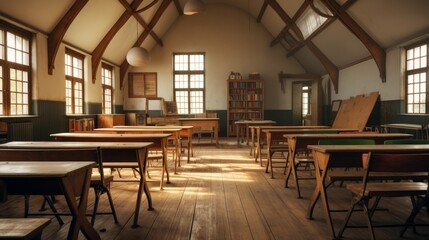 Vintage classroom interior with rustic wooden desks and chairs – educational setting in warm atmosphere - obrazy, fototapety, plakaty