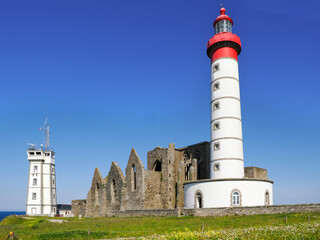 Lighthouse, ruined abbey and semaphore at Saint-Mathieu is a headland located near Le Conquet in the territory of the commune of Plougonvelin in department of Finistère in France 