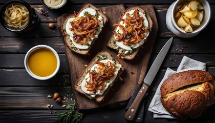 Sandwich with rye bread, butter, potatoes, sauce and crispy onions on a dark wooden background top view. Scandinavian cuisine. Easy and tasty lunch, dinner or beer snack. Free space for text. Rustic
