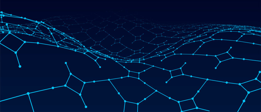 Abstract digital background of points and lines. Big data. Perspective grid. Network or connection. Abstract technology science background. 3d vector illustration.