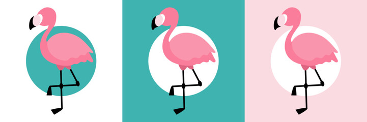 Pink flamingo silhouette in flat cartoon style. Set template for logo, poster, design elements. Vector illustration