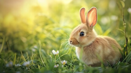 Fototapeta premium cute rabbit in the grass field on a spring day, copy space, banner