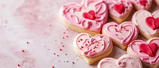 A close up view of frosted heart sugar cookies decorated beautifully in pink and red.
