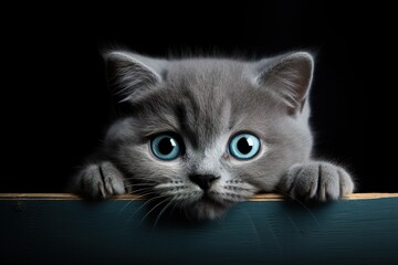 cute gray british kitten with blue eyes peeking out wooden board against a black background